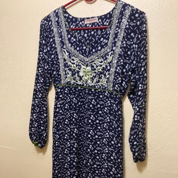 Kashkha Womens Dark Blue Music Note Pattern Embroidered Long Sleeve Maxi Dress S - Picture 1 of 8
